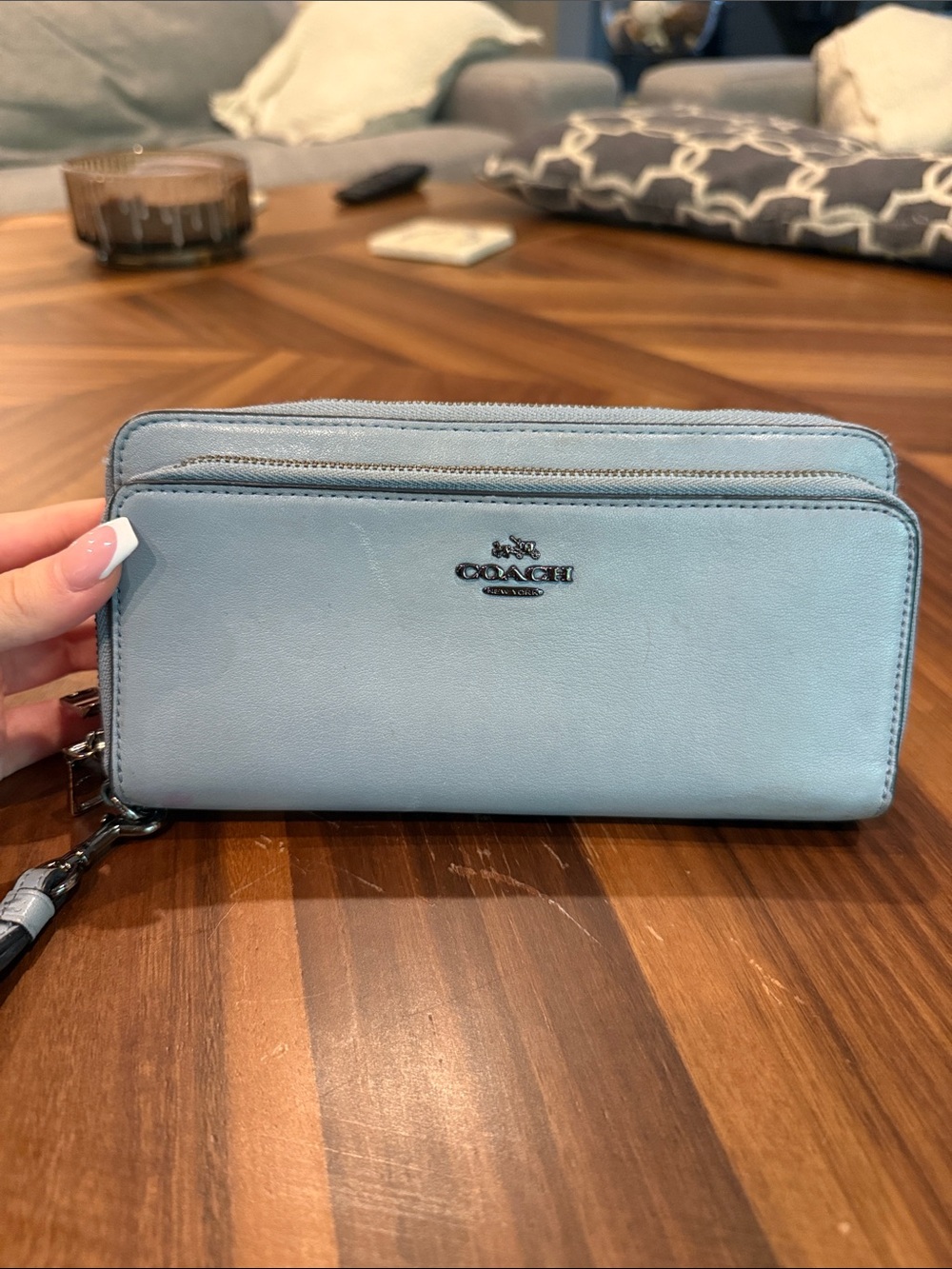 Coach Pale Blue Leather Zip Wallet with Wristlet